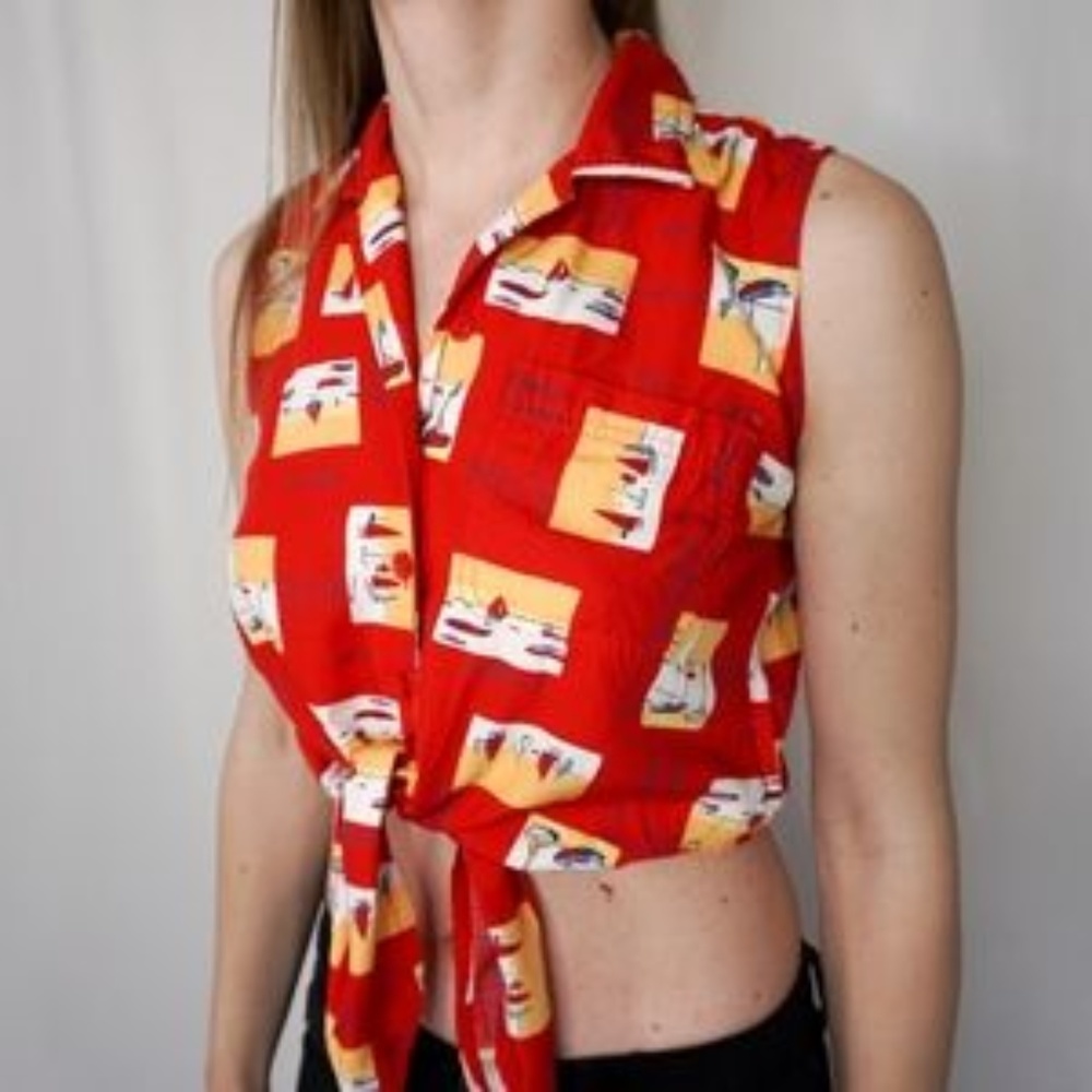 Liz Claiborne Vintage Abstract Red Tie Up Crop Top - Picture 4 of 6
